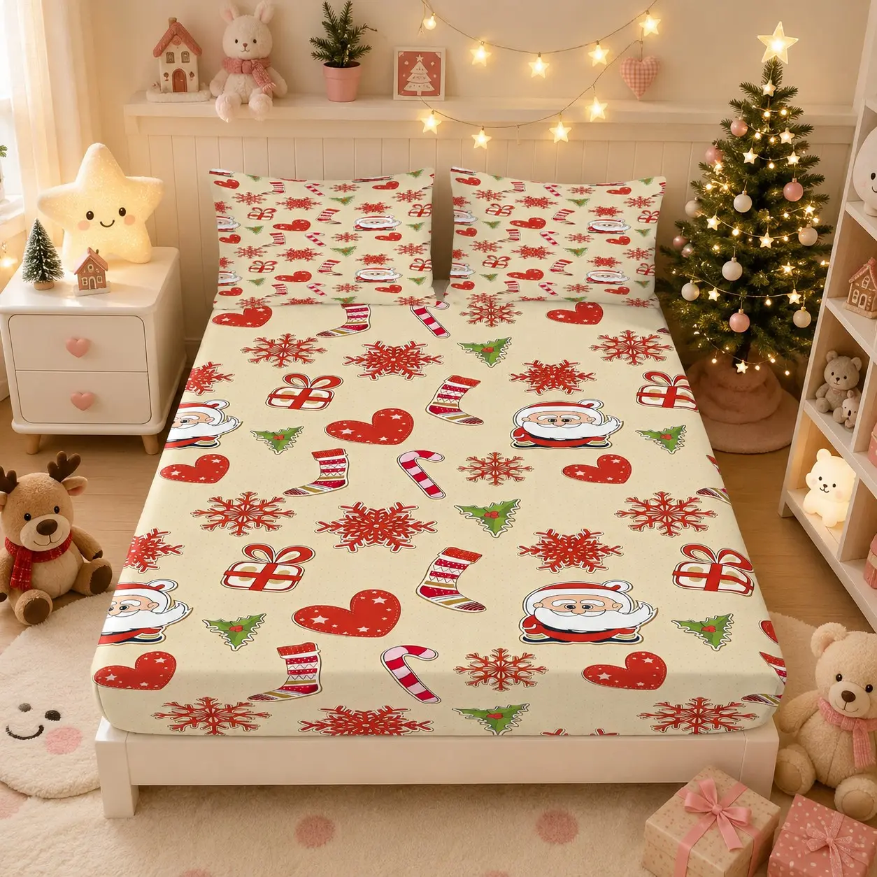 3-Piece Cartoon Christmas Print Fitted Sheet Set (1 Fitted Sheet and 2 Pillowcases), Pillow Inserts Not Included, Soft Skin-Friendly & Breathable, Bedroom Decor for Teens and Adults, All-Season Home Bedding & Festive Gifts