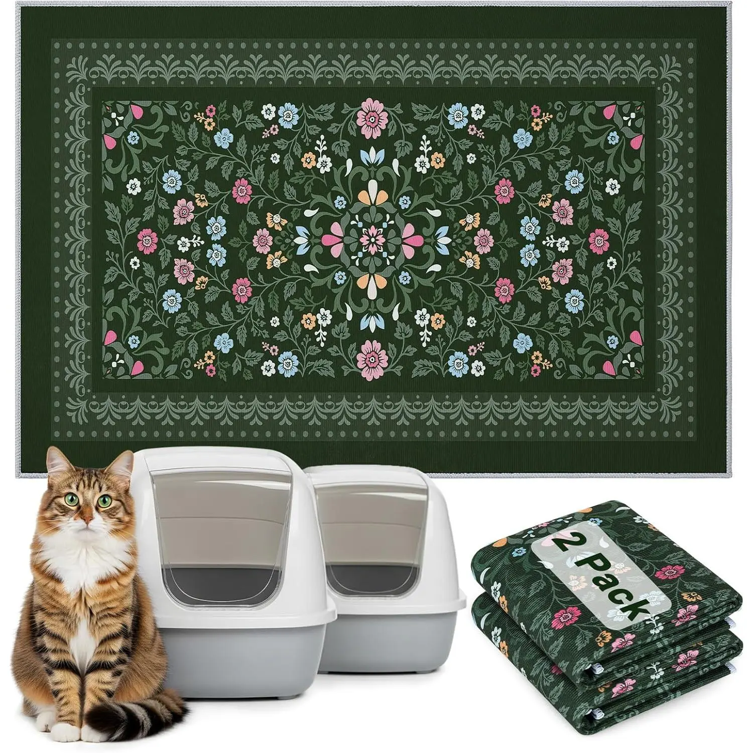 Cat Litter Mat, 2PCS 33"x22" Machine Washable Litters Box Mats Non-Slip &Waterproof Cat Litters Trapping Mats Easy to Clean Mat for Litter Box Less Waste Protects Floors Dark Green