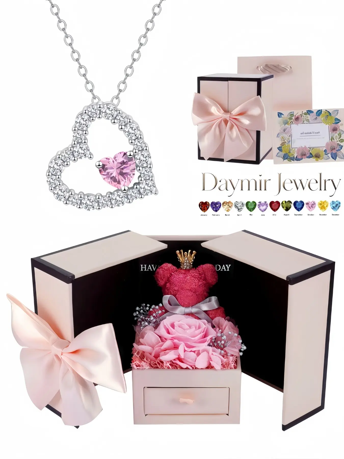 Premium twelve‑birthstone heart‑shaped full‑sparkle gem necklace, comes with preserved‑rose bear jewelry box, magical surprise gift for birthdays, Valentine’s Day, Mother’s Day and Christmas.
