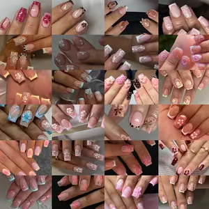 576pcs Short Square French Press-On Nails, 3D Gel Flowers, Peony Nail Art, Polka Dot and Leopard Patterns, Acrylic False Nails Set, Home Nail Art, Decorative Nails