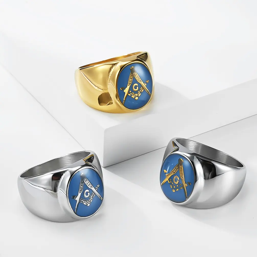 Titanium Steel 18K Gold Plated Signet Ring for Men – Blue Enamel Initial AG Band, Vintage Stainless Steel Heirloom Finger Rings