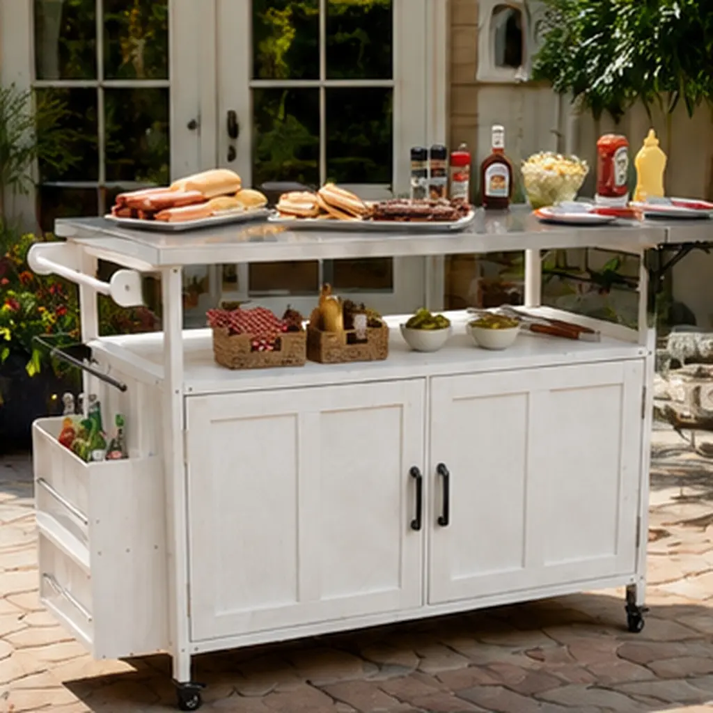 ARCH Foldable Outdoor Kitchen Island Cart with Lockable Wheels, Storage Cabinet & Towel Rack, Portable Mobile Cooking Station for Patio Garden BBQ, White Wood + Stainless Steel, Space-Saving Design, White Color Options, American Design Style
