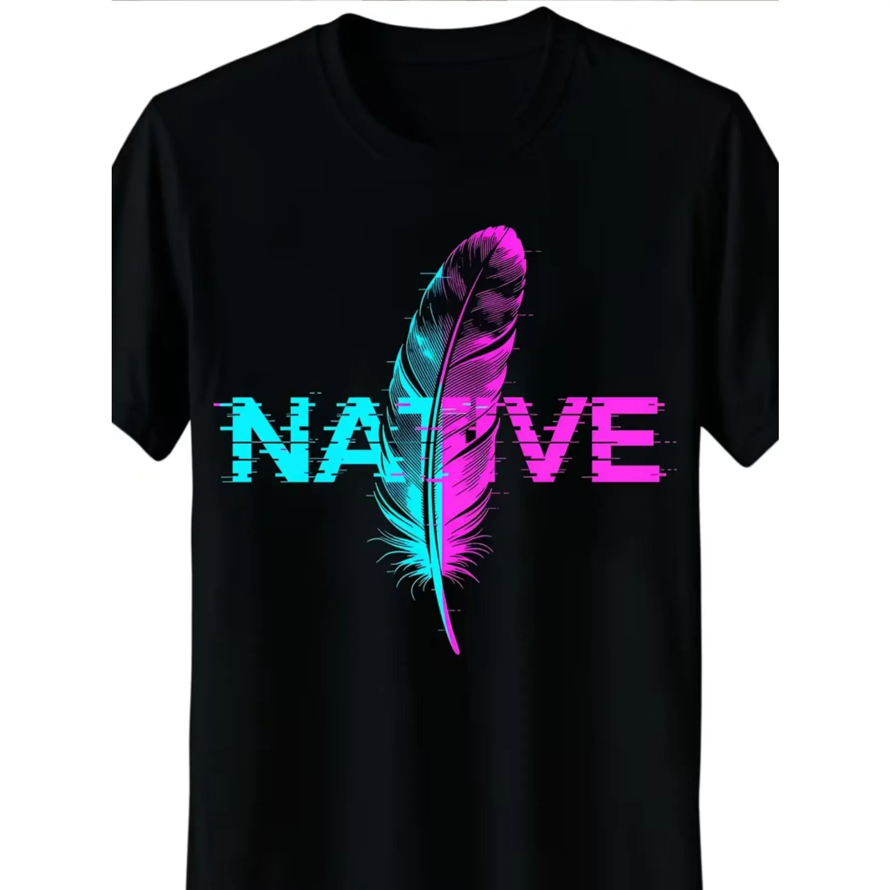 NATIVE Feather & Native Style Graphic T-Shirt - 100%  Casual Round Neck Tee with Cultural Feather for Casual Attire, Festivals & Special Occasions - Year-Round Comfortable Apparel