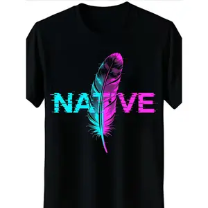 NATIVE Feather & Native Style Graphic T-Shirt - 100%  Casual Round Neck Tee with Cultural Feather for Casual Attire, Festivals & Special Occasions - Year-Round Comfortable Apparel