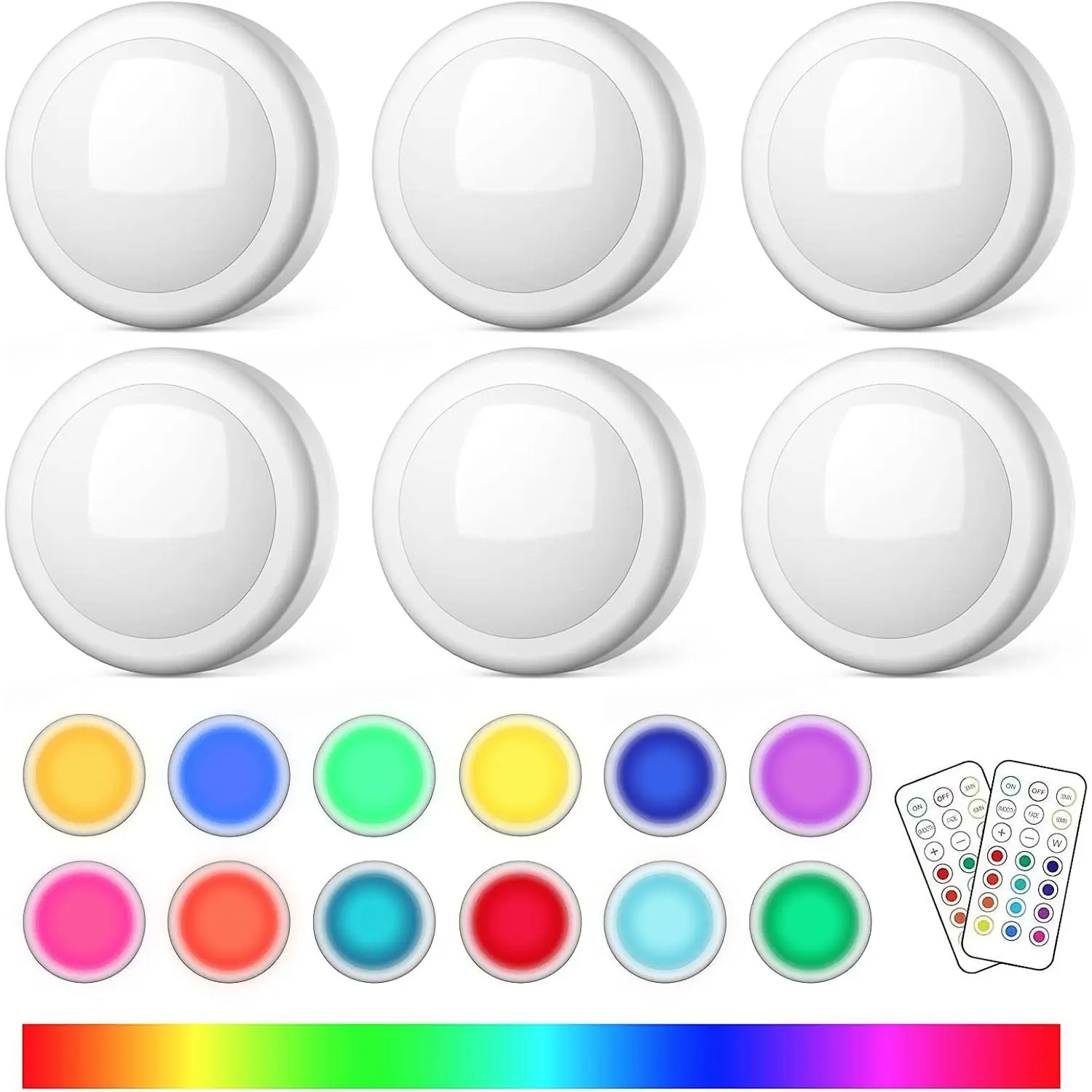 6-Pack RGB LED Puck Lights, Round Remote Control AA Battery-Powered, 13-Color Dimmable Touch-Activated Wireless Night Lights with Timer, 3M Stick-On for Indoor Closet, Under Cabinet Home Improvement Use, Indoor Use