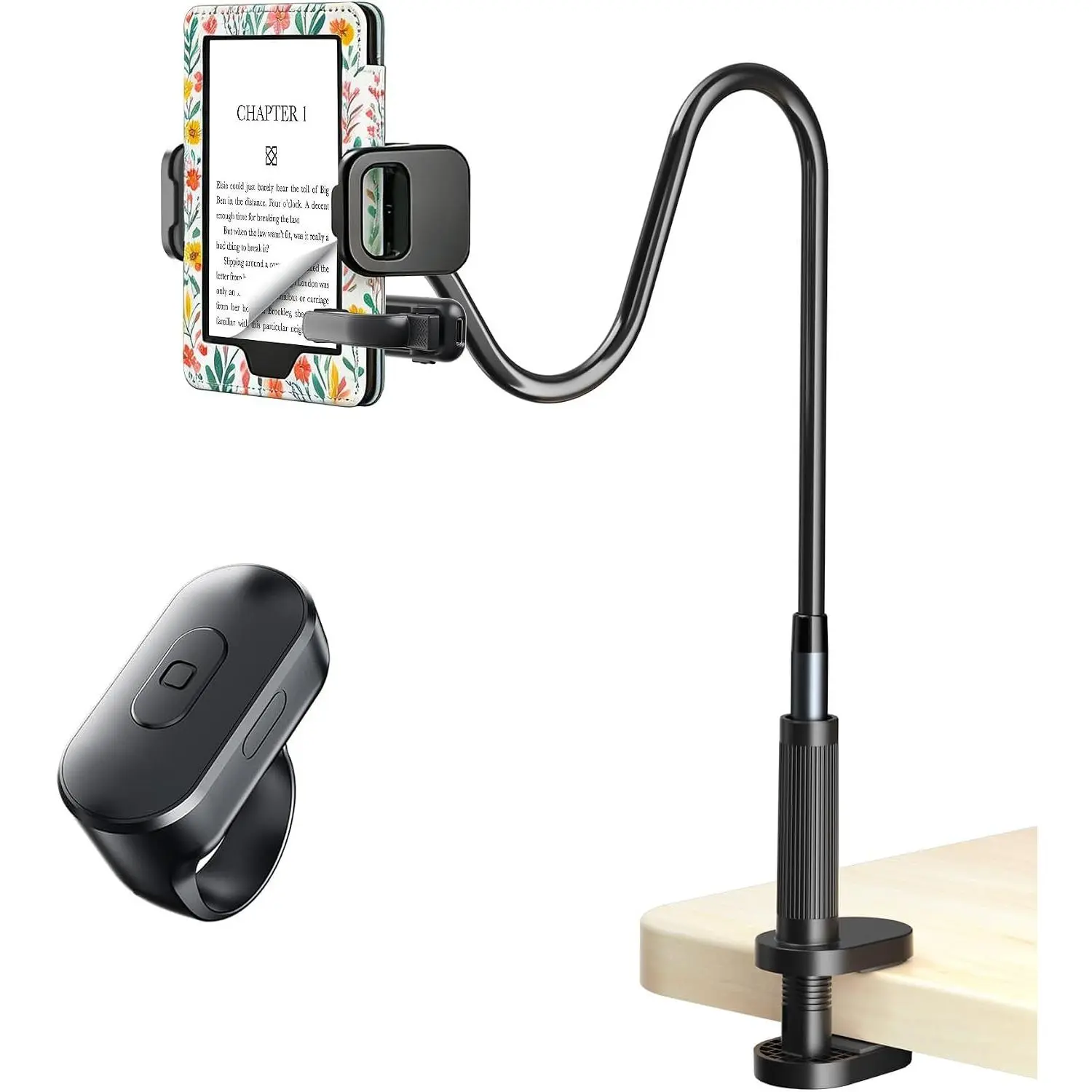 [Case-Friendly] Long Tablet Stand for Kindle with Page Turner Ring Remote, Gooseneck Holder for Reading in Bed with Clicker, eReader Accessories  for Readers Compatible with iPad  Fire