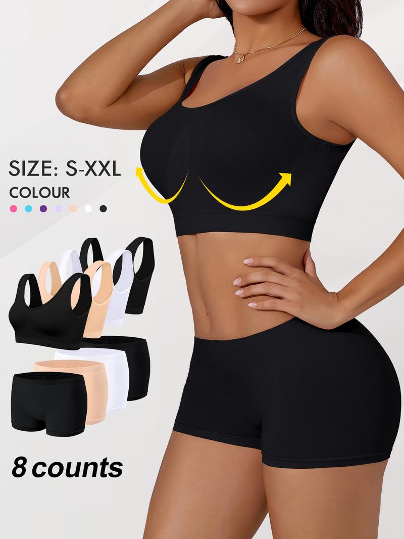 Women's Solid Wireless Bra & Skinny Boyshorts Set, Breathable Comfortable Backless Push Up Bra & Panty Shorts Underwear Sets, Women Sweatsuit Set, Ladies Underwear Set for Indoor Wear, Women's Underwear Set, Yoga Clothes Set, Activewear Clothing