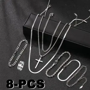 8-Piece Men's Stainless Steel Jewelry Set, Cuban Chain Necklace, Stackable Bracelets & Rings, Hip Hop Streetwear Accessories for Everyday Wear, Party, Travel, Birthday, Anniversary Gift for Him