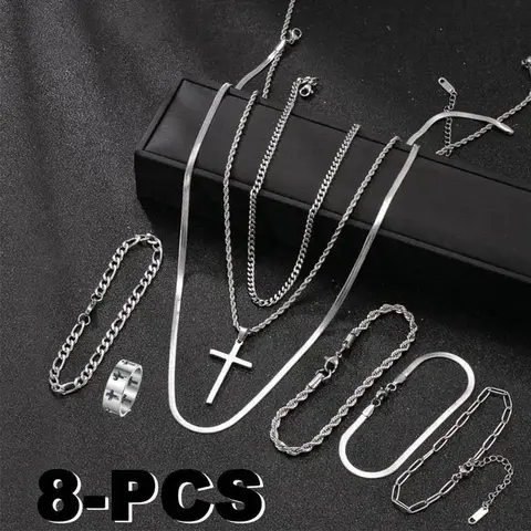 Men's 8-Piece Stainless Steel Hip Hop Streetwear Accessory Set - Cuban Link Chain, Mix-Match Stackable Bracelets, Casual Men's Accessories, Ideal Mens Gifts for Boyfriend Anniversaries, Birthdays