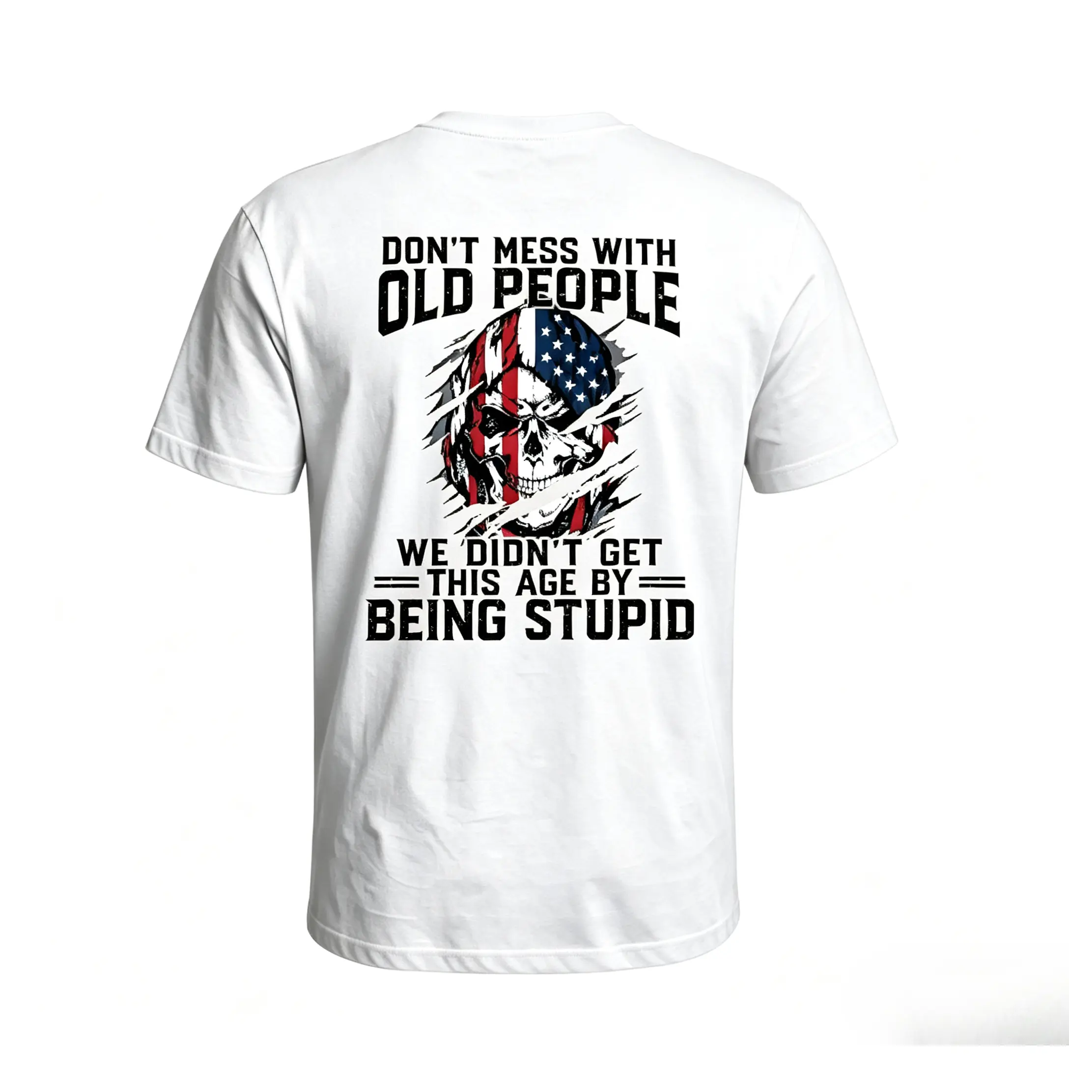Don't Mess With Old People T-Shirt, American Flag Skull Graphic Tee, Back Print Design, Funny Old Man Quote, Men's Casual Crewneck Short Sleeve