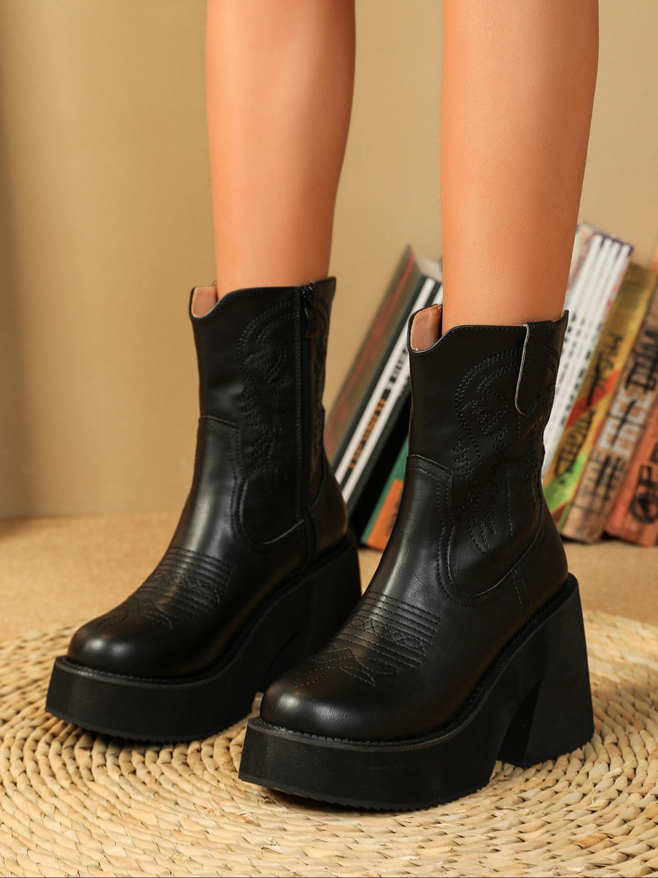 Women's Fashionable Western Embroidered Design PU Leather Boots, Elegant Round Toe Mid-calf Boots, Casual Comfortable Platform Shoes for Daily Wear