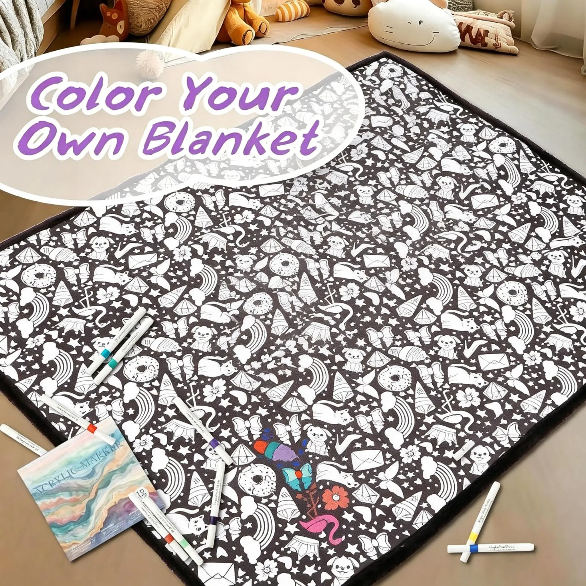 DIY Color Your Own Velvet Coloring Blanket Kit with 12 Acrylic Markers, Reusable Washable Large Coloring Throw Blanket, Creative Art Craft Gift Set for Kids Adults, Perfect for Home Decor & Daily Use, Diy Handmade Craft