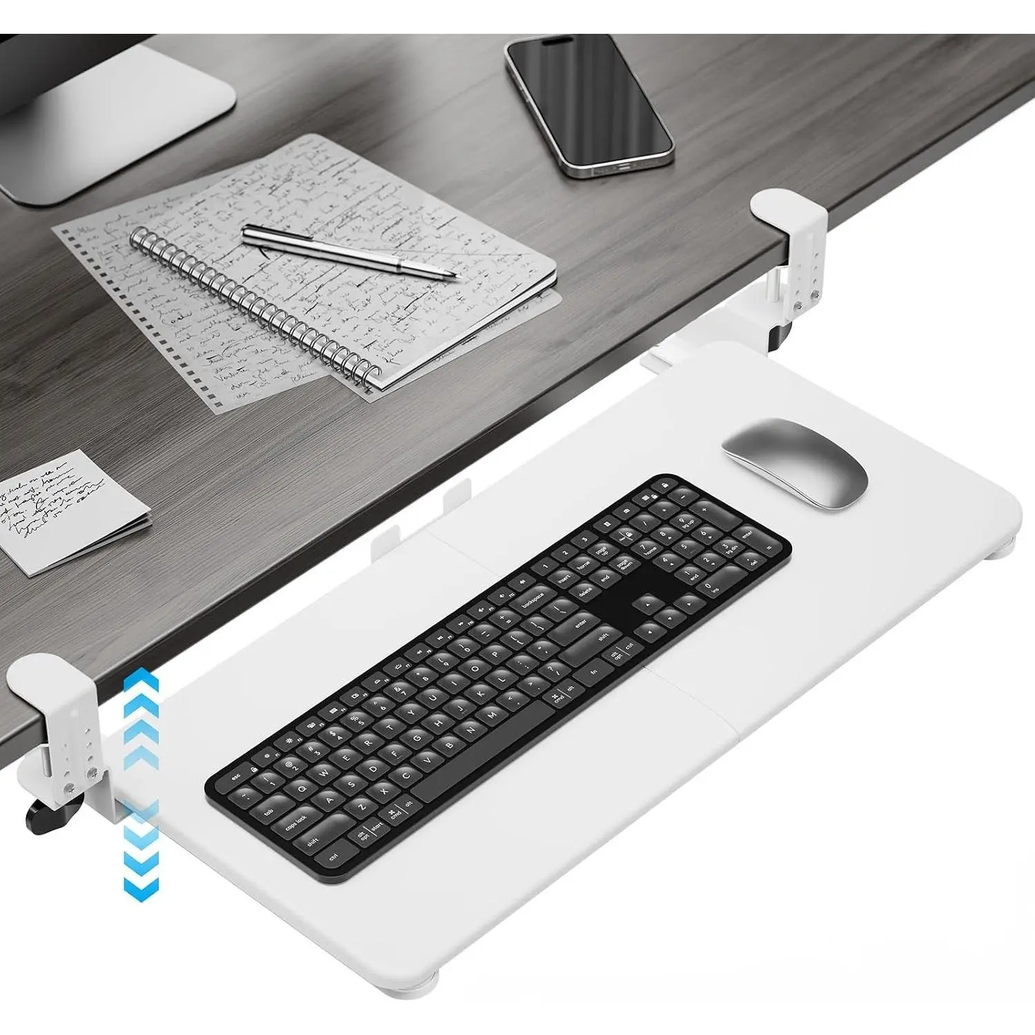 Keyboard Tray Under Desk Pull Out Keyboard & Mouse Tray with Adjustable C-clamp 25.6(31.5 Including Clamps) x 11.8 Inch Slide Out Computer Drawer for Typing White