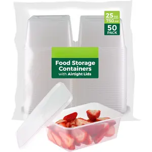 Food Storage Containers [50 Sets] 25 oz plastic food containers with lids, suitable for storing thick foods, soups, meal prep, BPA-free, stackable, leak-proof, and can be used in microwaves, dishwashers, and freezers