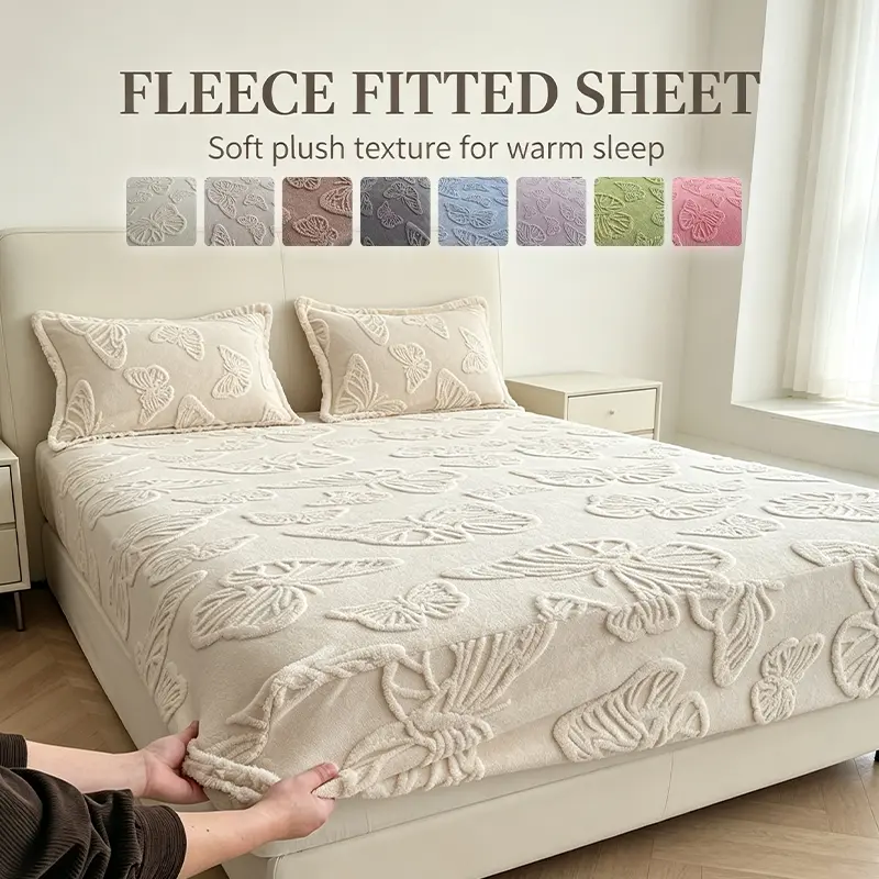 Comfort Butterfly Tufted Plush Fluffy Fitted Mattress Sheet, Premium Thick Warm Soft Fabric, Tight Full Elastic Wrap Design, Muted Neutral Tone Bedding for Warm Cozy Bedroom Aesthetic