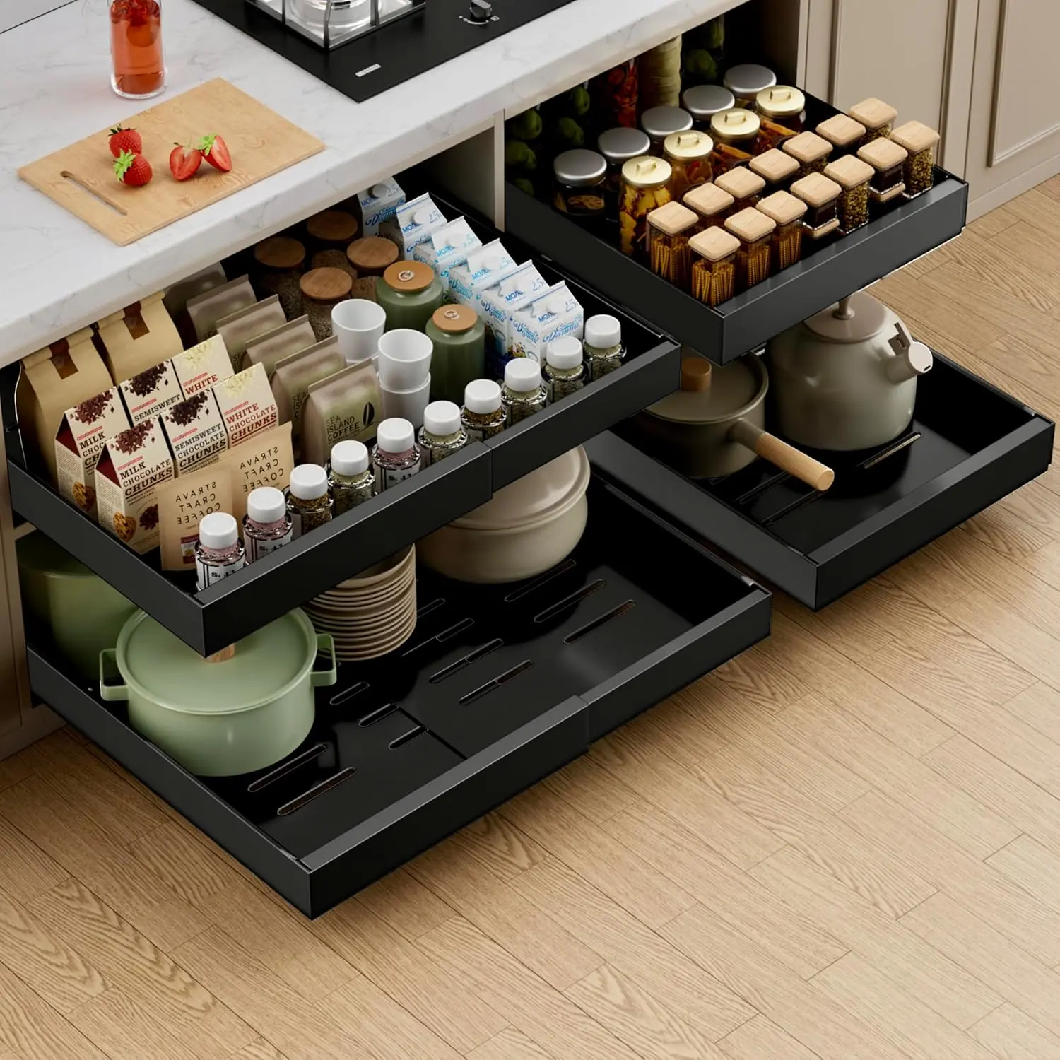 1 Pack Expandable Pull Out Cabinet Organizer, 21'' Deep Pull Out Drawers for Cabinets, Upgrade 3 Slide Rails Sliding Drawers for Cabinet with Adhesive Nano Film (Black)