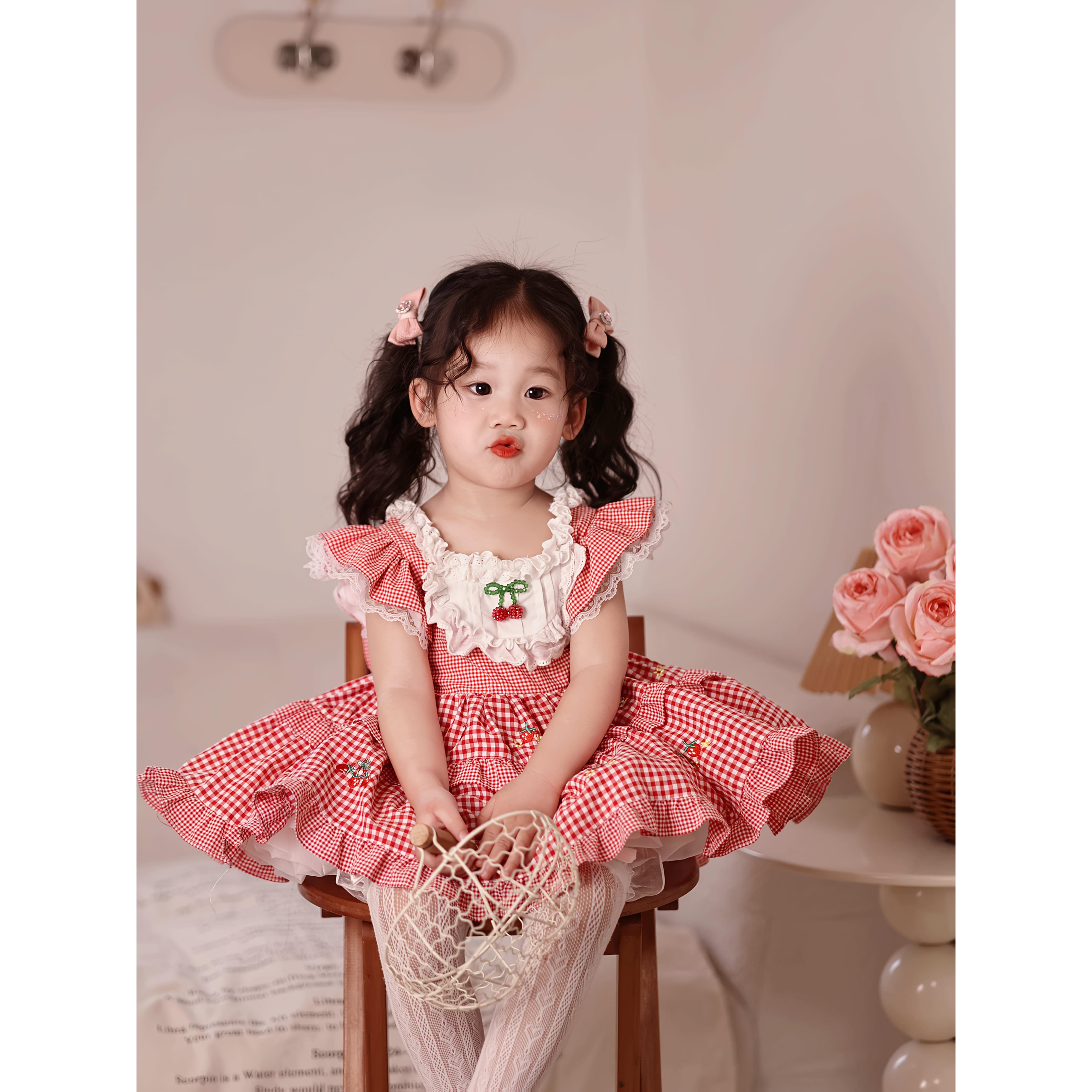 Girls' Retro Cherry Print Short Dresses - Loose-Fit Summer Party Ready Dress with Bow Waist Accessory, Elastic Sock-Style Leg Warmers, Non-Stretch Fabric, Easy Care for Theme Parties & Daily Play (No Petticoat Needed)
