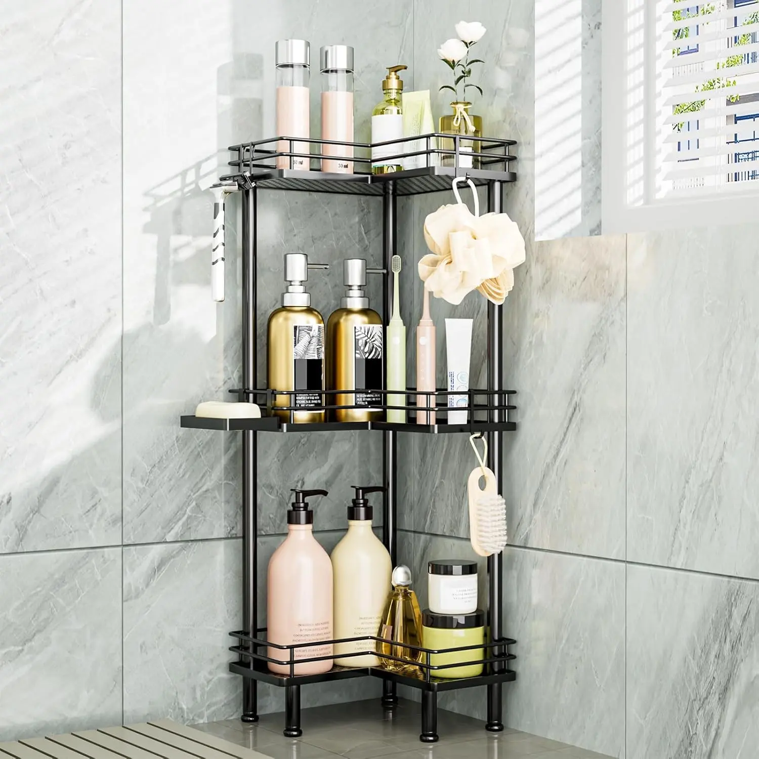 3-Tier Stainless Steel Standing Corner Shower Caddy, Large Capacity Bathroom Shower Organizer with Soap Holder & 4 Hooks, Black Corner Shelf for Restroom