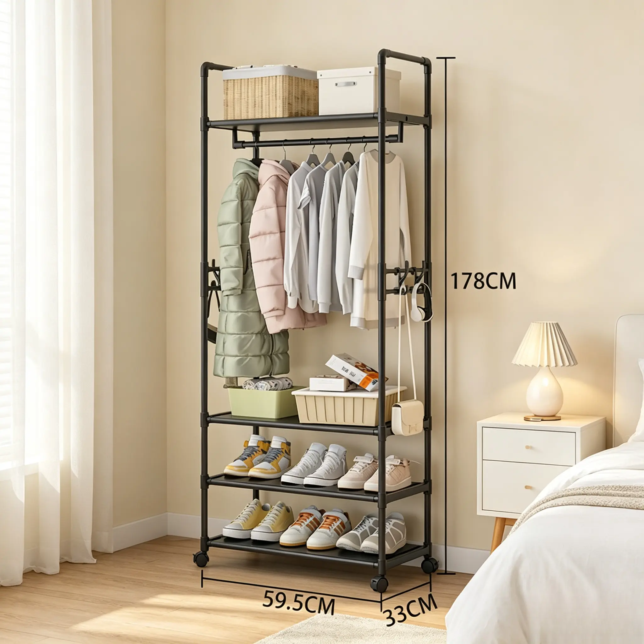3-Tier Freestanding Metal Garment Rack with Wheels, Heavy Duty Clothing Rack with Hanging Rod, Top Shelf & Shoe Storage Organizer, Portable Rolling Clothes Rack for Bedroom Entryway Closet