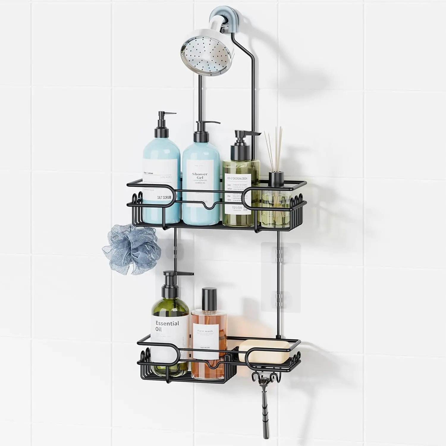 Hanging Shower Caddy Organizer with 12 Hooks and Soap Holder, Rustproof Over Shower Head Shelf for Bathroom - BlackGift