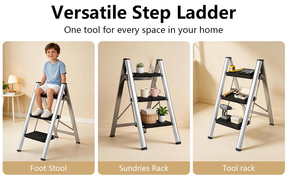 3-Step Ladder, Folding Step Stool for Adults with Wide Anti-Slip Pedals, Portable Step Ladder for Kitchen/Closet/Garage, Steel Multi-use Foldable Stepstool for Home 330 Lbs