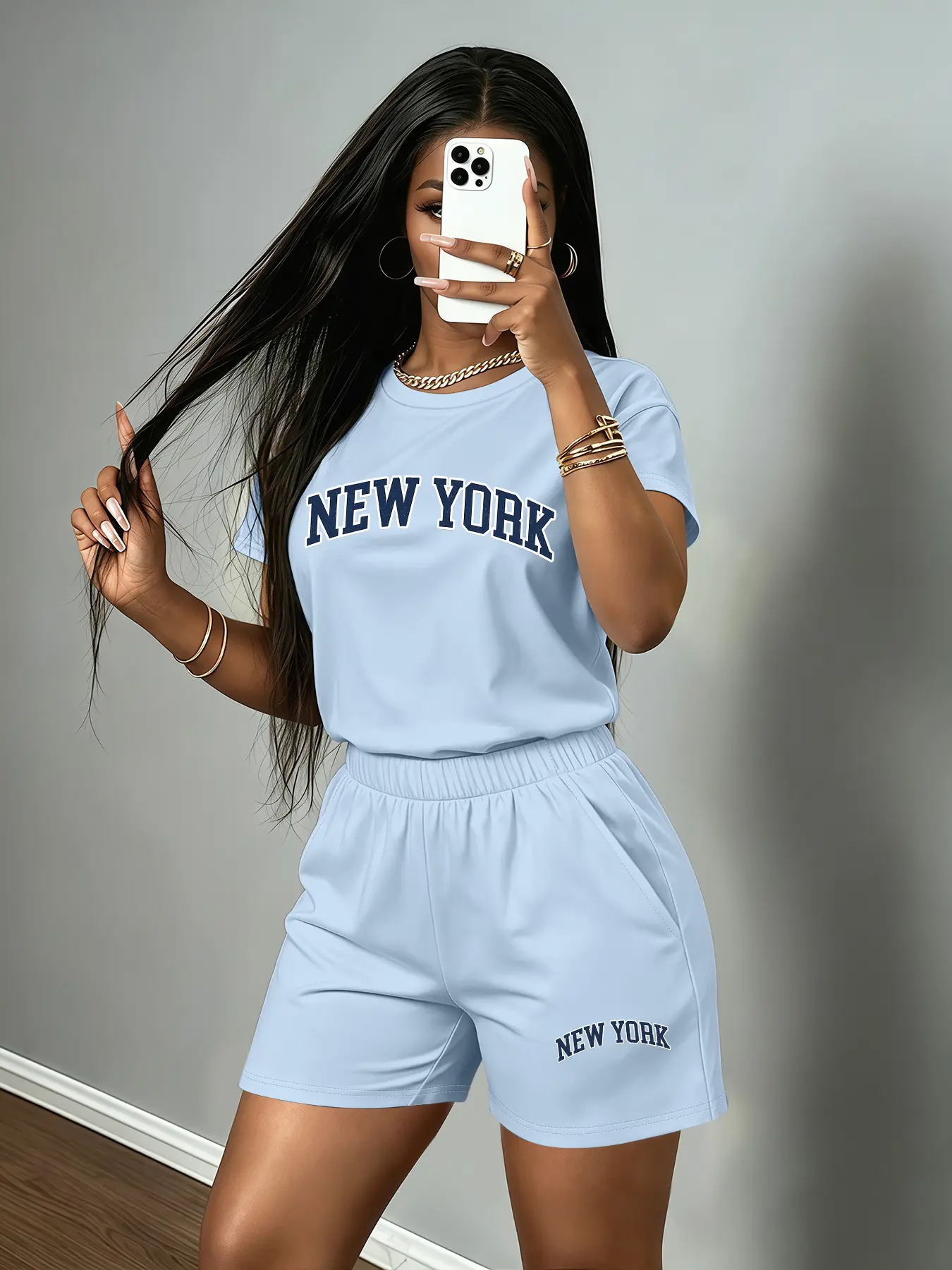 2-Piece New York City Landmark Fashion Crew Neck Women's Short Sleeve T-Shirt and Shorts Set; Casual Solid Color T-Shirt and Hot Pants Set;'s Set Suitable for Daily Wear Outfit Clothes