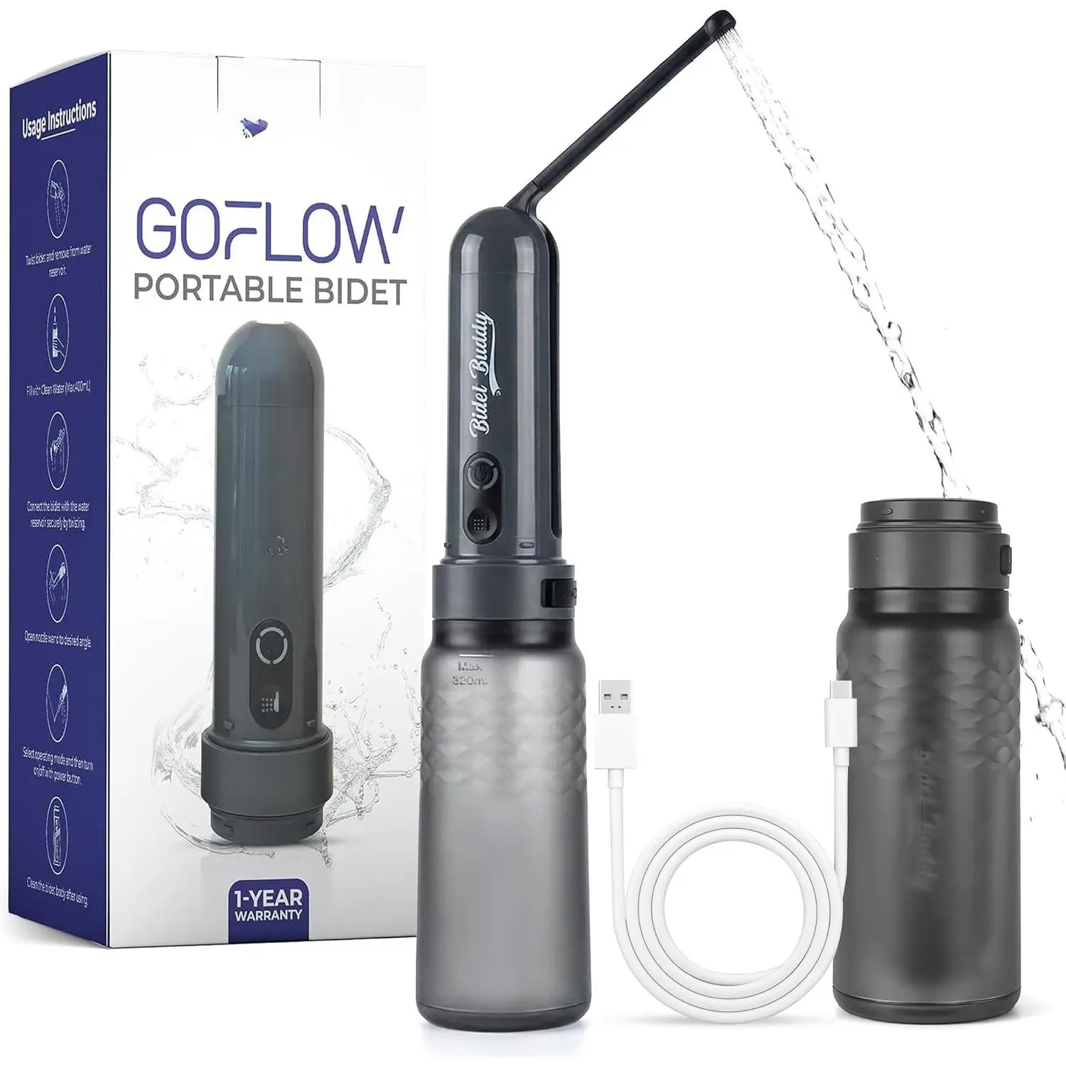 ® GoFlow Portable  for Travel - 320mL Bottle Obsidian Drift | Adjustable Power Modes, Nozzle Wand, IPX7 , USB - C , 800mAh Rechargeable , Medium
