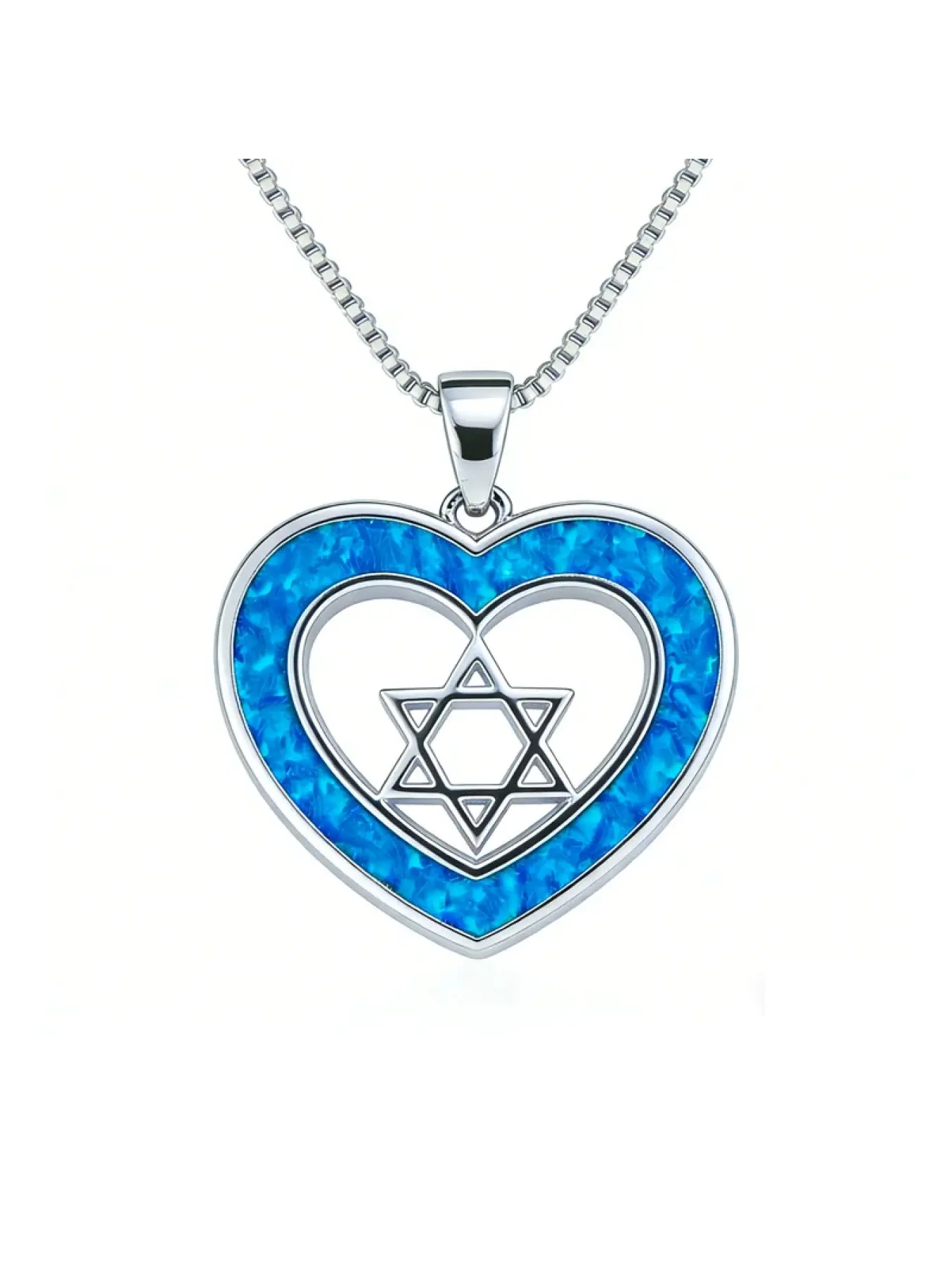 Luxury Blue Heart Opal Pendant with Star of David Inside,White K Plated Meaningful Jewelry,Dainty Minimalist Necklace for Women
