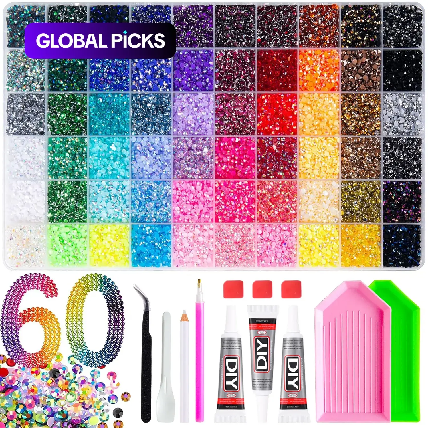 1-Box 60-Color 3 mm Trendy Nail-Bedazzling Rhinestones Kit, AB Iridescent Crystal Rhinestones, Semi-Circular Flat-Back Resin Diamond Decorations for DIY Nails, Birthday and Holiday Ornaments, Nail Art Supplies, Nail Art Products