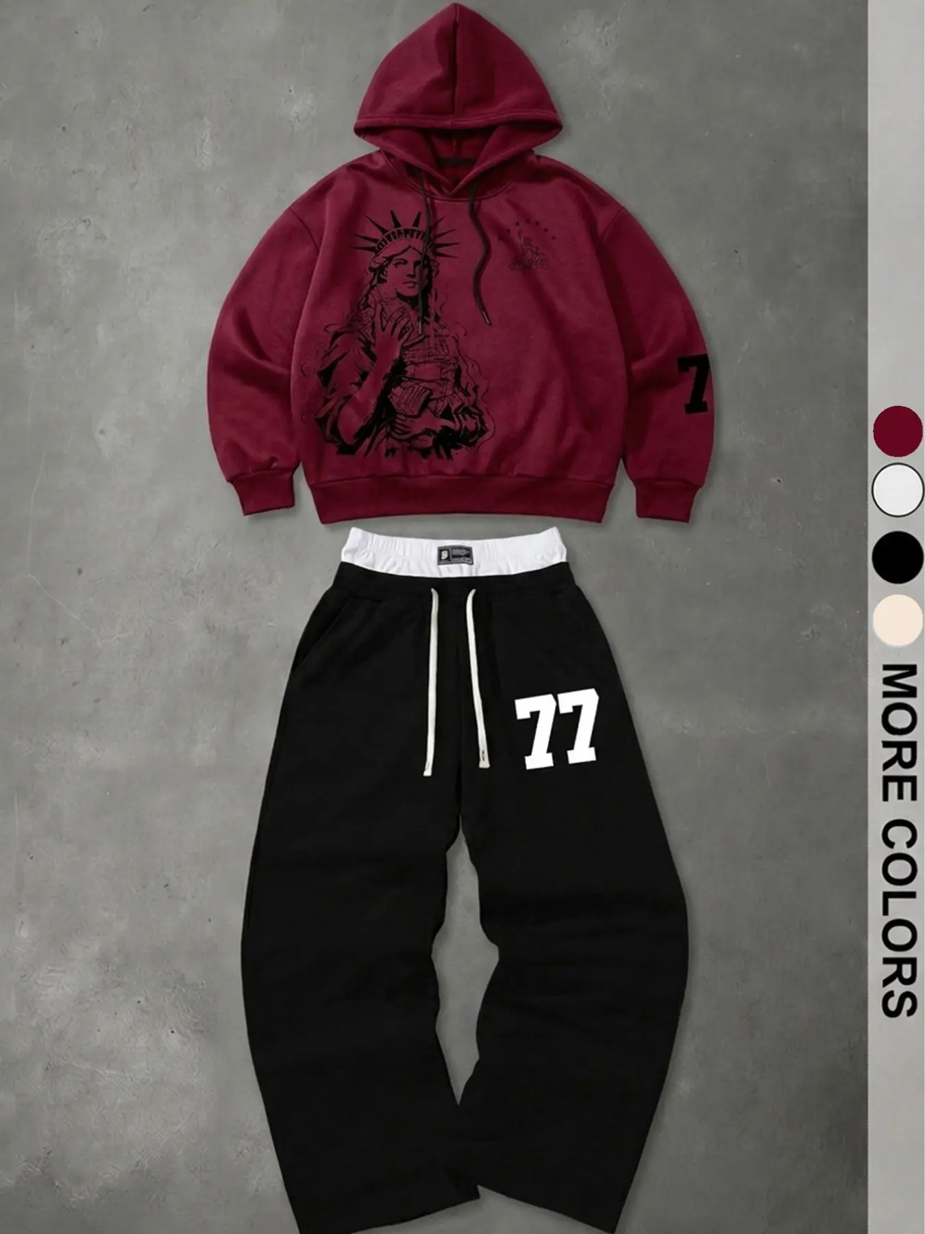 Men's American Vintage Statue of Liberty Print Hoodie Set, 77 Number Wide Leg Sweatpants Two-Piece Set, Back-To-School Teacher's Day