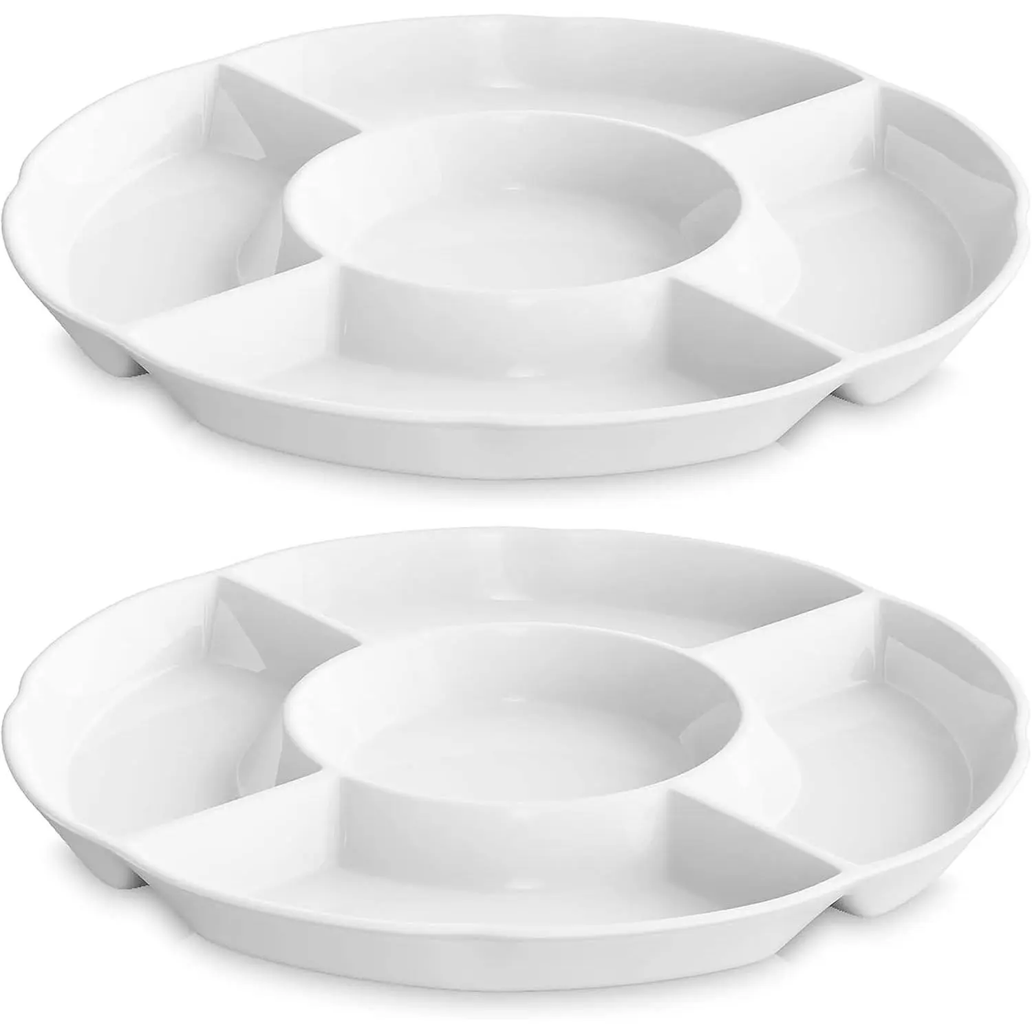 Veggie Tray Set of 2, Porcelain Chip and Dip Serving Set, 12 inch 5 Compartment Divided Serving Platter Serving Tray for Party, Fruits, Veggies, Candy, Snack, Dessert, Relish Tray, White