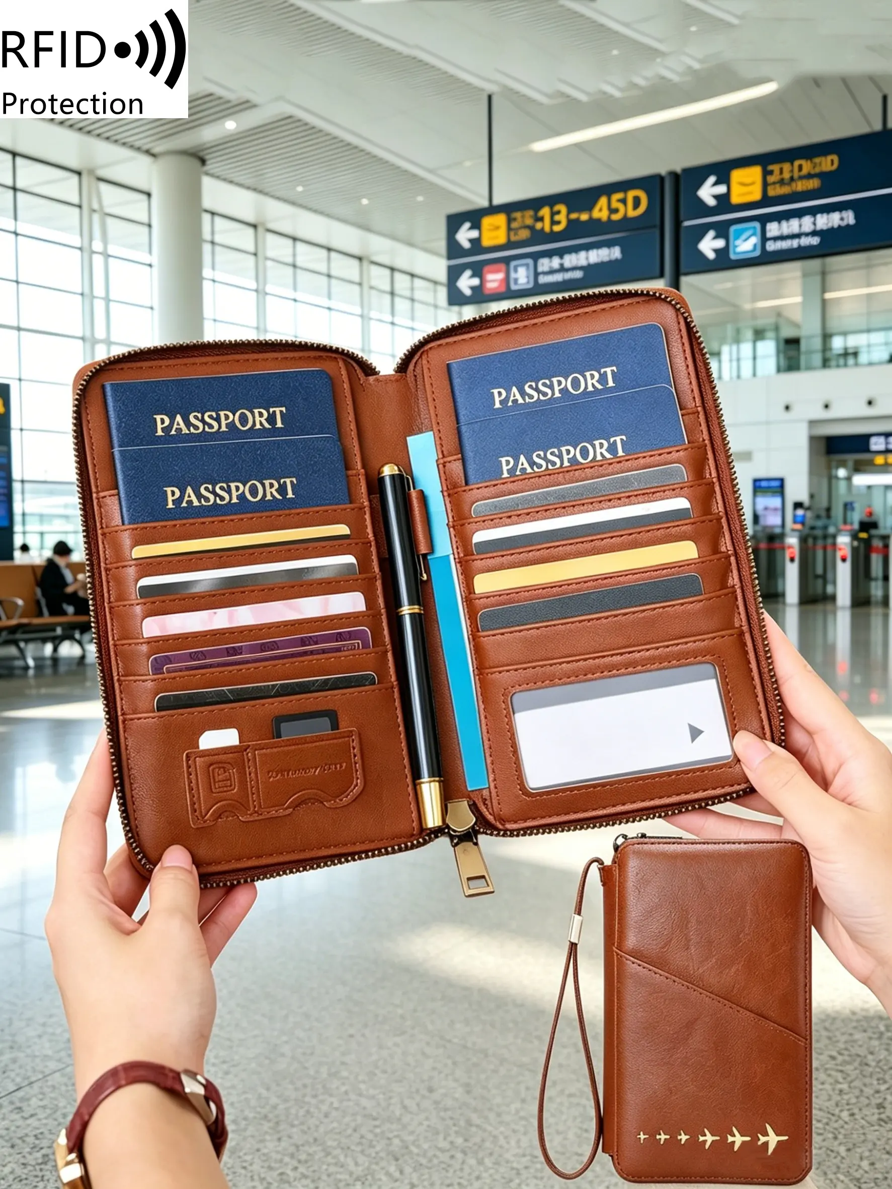 RFID Shielded Passport Holder, Passport Protector, Suitable For Both Men And Women, Can Hold Multiple Passports, Travel Ticket Cards, Document Storage Bags, Zipper Long Passport Wallet, Detachable Wristband, Valentine's Day Gift