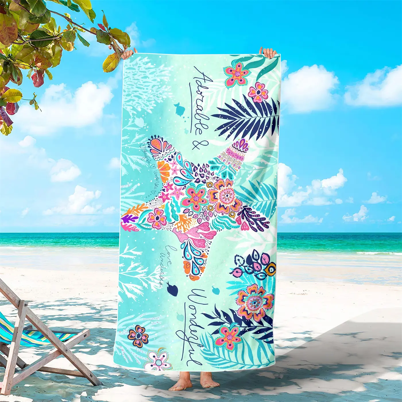 1/2Pcs (31in/63in) Teal Boho Floral Starfish Beach Towel, Beach Towel Standard, Tropical Coral Sea Creature Letter Print Microfiber Quick Dry Sand Free Pool Towel, Soft Absorbent Lightweight Swimming Bath Towel for Adult Summer Beach Cruise Vacation Gift