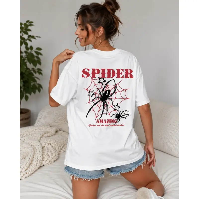 100% Cotton Spider Patterned T-shirt - "Spider Wonder" Design Tee for Women Men, Red Spider Webs and Black Spiders, Casual Round Neck Unisex Short Seeved Top