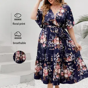 Plus-size women's resort-style dress, summer V-neck navy blue printed plus-size dress