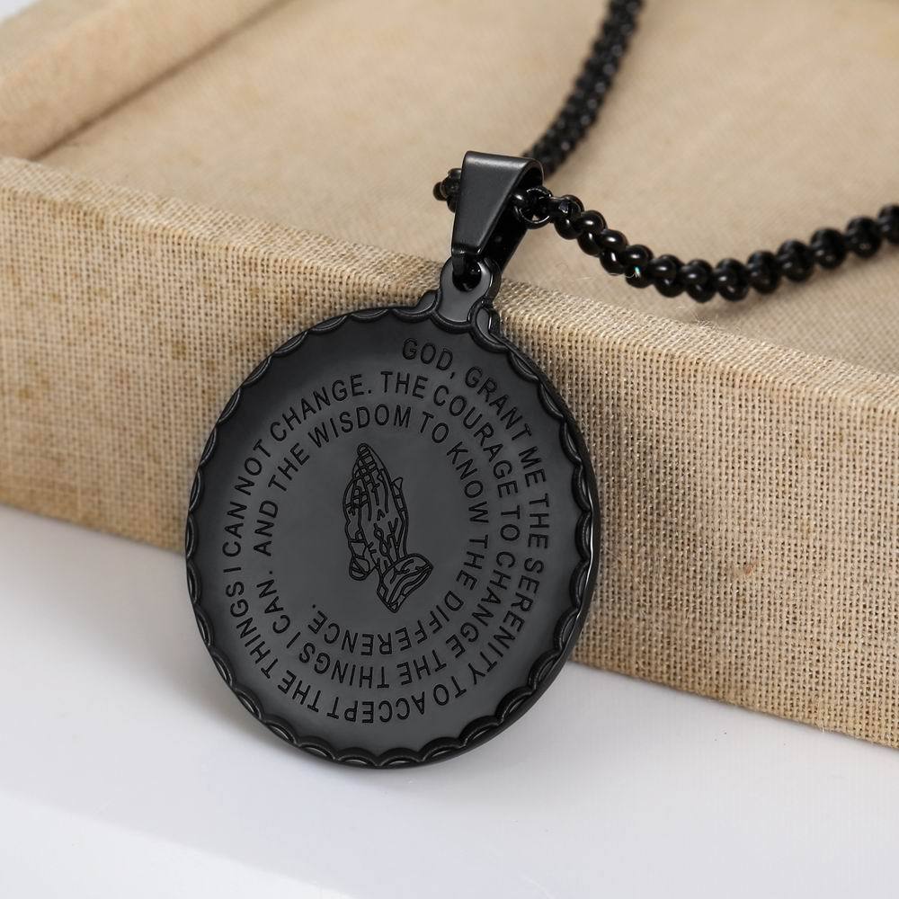 Retro Hip Hop Prayer Hand Pattern Round Pendant Stainless Steel Men's Necklace Jewelry