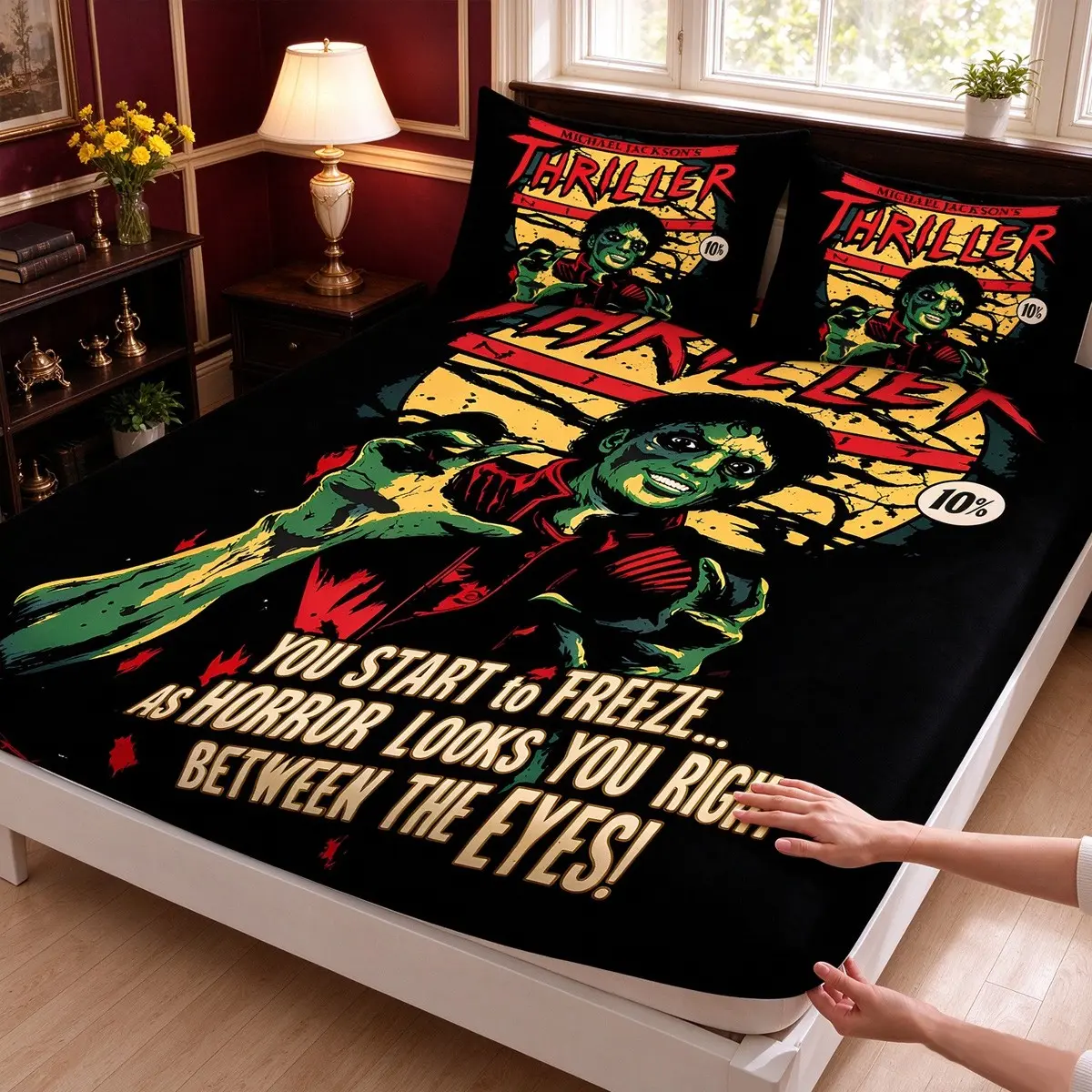 3-Piece Vintage Horror Zombie-Themed Comic Print Bed Sheet Set (includes 1 fitted sheet and 2 pillowcases; comforter and pillow inserts not included) — perfect for home or dorm decor, and an excellent holiday gift.