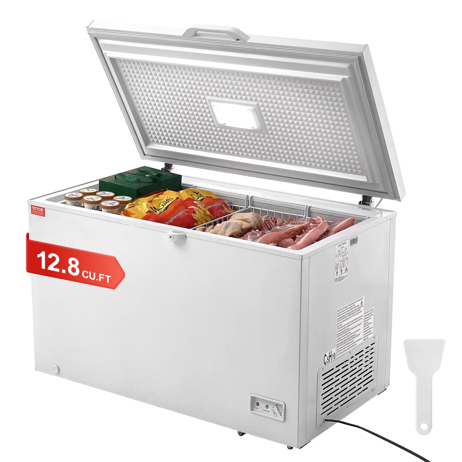 VEVOR Chest Freezer, 12.8 Cu. ft/ 345 L Large Deep Freezer 4 Removable Baskets, Freestanding Top Open Door Commercial Chest Freezers with Locking Lid, 7-Level Adjustable Temp, LED Lighting, 6 Wheels
