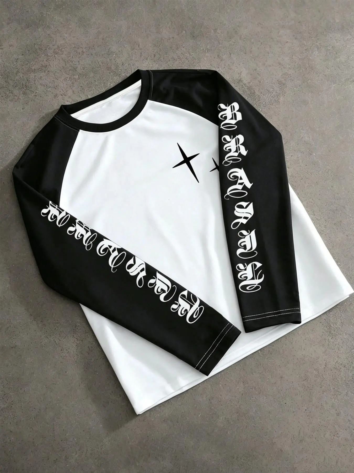 Unisex Black White Raglan Crewneck Long Sleeve Tee with Dual-Sleeve Vertical Gothic Script & Chest Cross Star Print American Dark Alt Street Casual Base Top