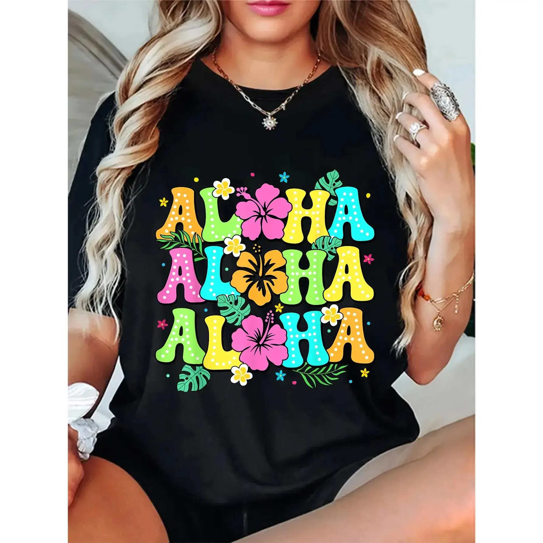 Women's 100% Cotton Short-Sleeve Casual Everyday Graphic Print Unisex Hawaiian Aloha Tropical Luau Party Chenille T-Shirt, Shortsleeve, Round Neck, Vintage, Top, Playful Prints, Streetwear Womenswear Black Crewneck Fitted