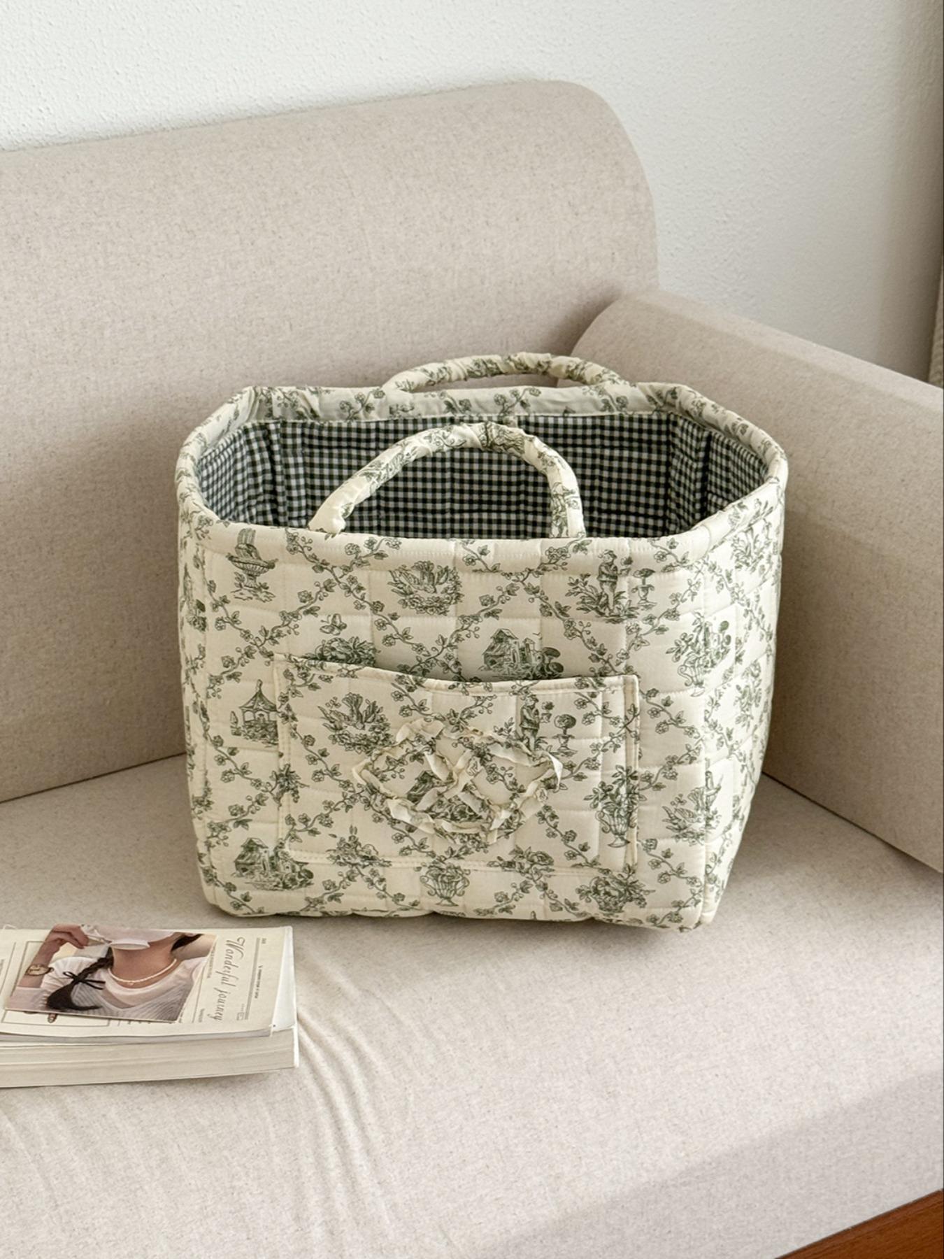 Floral Pattern Storage Basket, Portable Lingerie & Small Essentials Basket, Home Organizer for Bathroom Bedroom Office, Multipurpose Basket