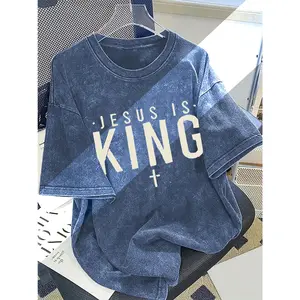 Women Jesus Is King Heavyweight Vintage Washed Cotton Graphic Tee Loose Oversized Fit Soft Comfortable Casual Top for Daily Outdoor Party Holiday Gift