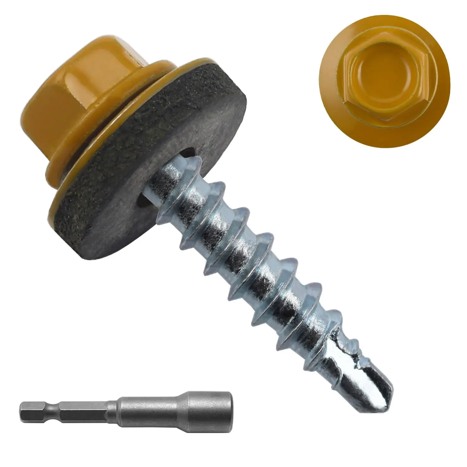300 count #10 x 1 Yellow Hex  Self-Drilling Metal Roofing Screws, EPDM Washer, Colored ,  Screws, Sheet Metal Roof Screw with Hex Driver Bit (Yellow, 1 in)