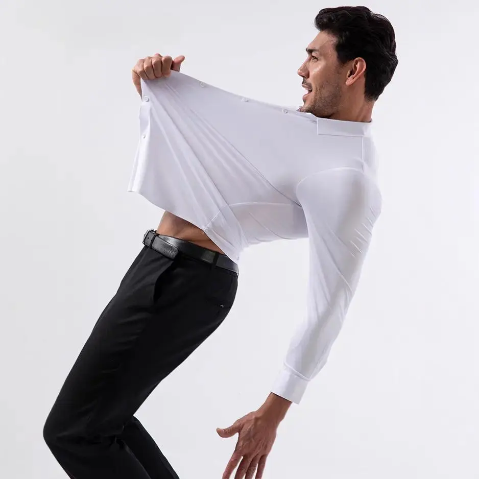 Men's Plain Long Sleeve Square Neck Formal Open Line Dress Shirt - Seamless, High-Stretch, Non-Iron, Wrinkle-Resistant, European Sizing, Business Casual Polyester Blend Menswear Tops (Cross-Border Hit)