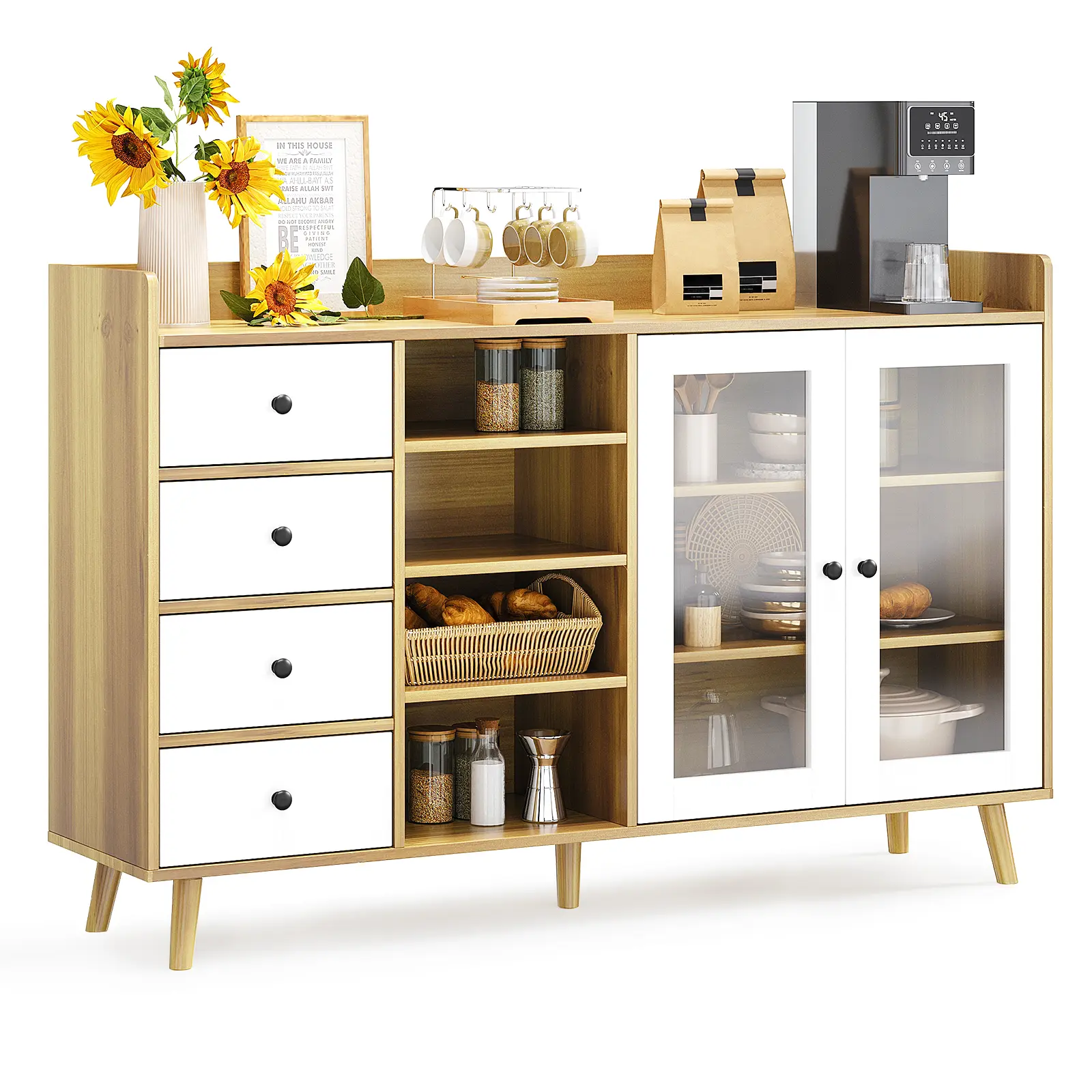 55-Inch Buffet Sideboard Cabinet with 4 Drawers, 4 Open Shelves and 2 Glass Doors, Modern Freestanding Kitchen Storage Cupboard with Adjustable Shelves and Wide Countertop for Dining Room, Coffee Bar or Living Room, Walnut or Natural Wood Finish