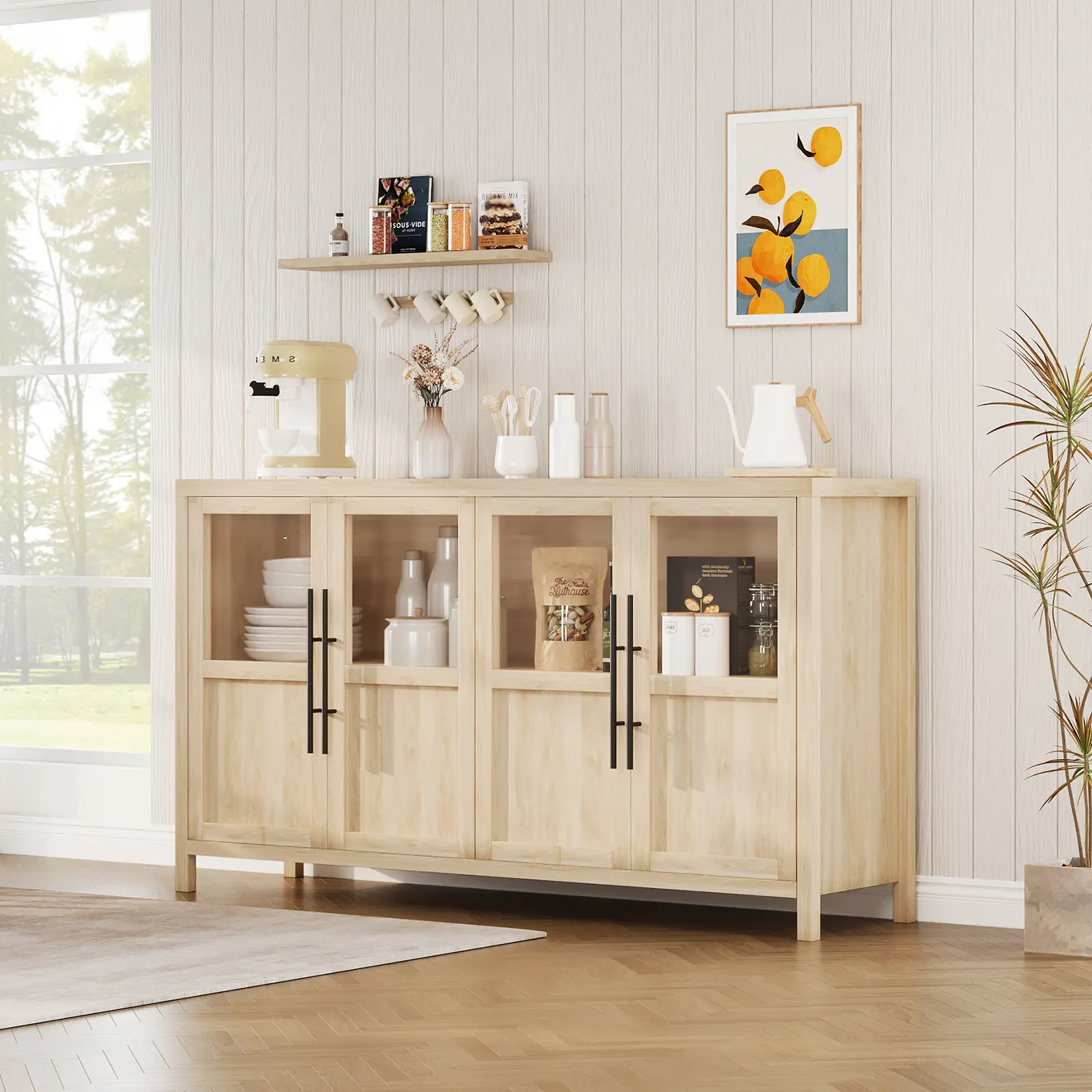 55" Kitchen Buffet Sideboard Cabinet with 4 Glass Doors, Modern Wood Storage Credenza Coffee Bar Cabinet for Dining Room Living Room, Natural Oak
