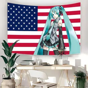 Hatsune Miku Anime Theme Tapestry Wall Hanging, American Flag Aesthetic Manga Banner, Gamer Girl College Dorm Decor, Japanese Pop Culture Bedroom Bedside Wall Art