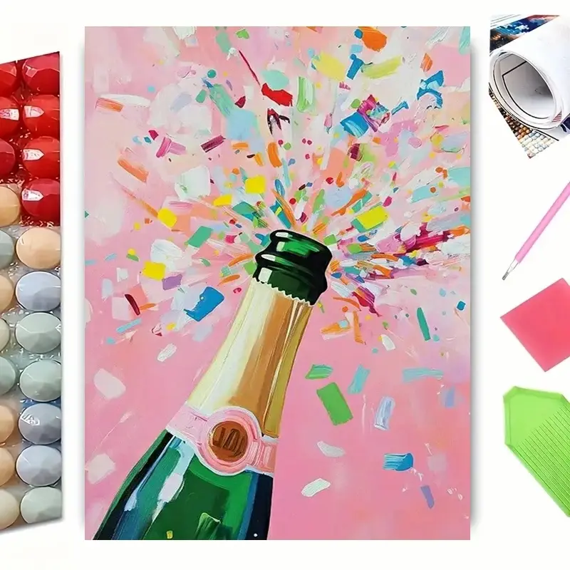 5D Full Drill Diamond Painting Kit, Champagne Bottle Colorful Confetti Pink Pop Art, DIY Rhinestone Wall Decor for Bar Party Celebration Decor