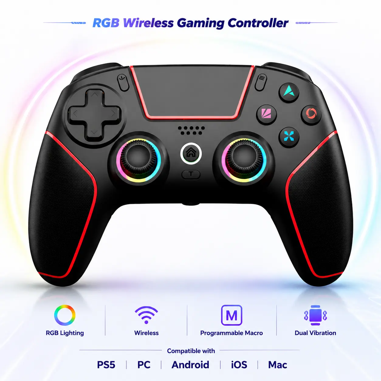 RGB Wireless Gaming Controller for PS5 PC, Bluetooth Gamepad with LED Lighting, Turbo Fire, Motion Control & Dual Vibration 6-axis axis backtoschool