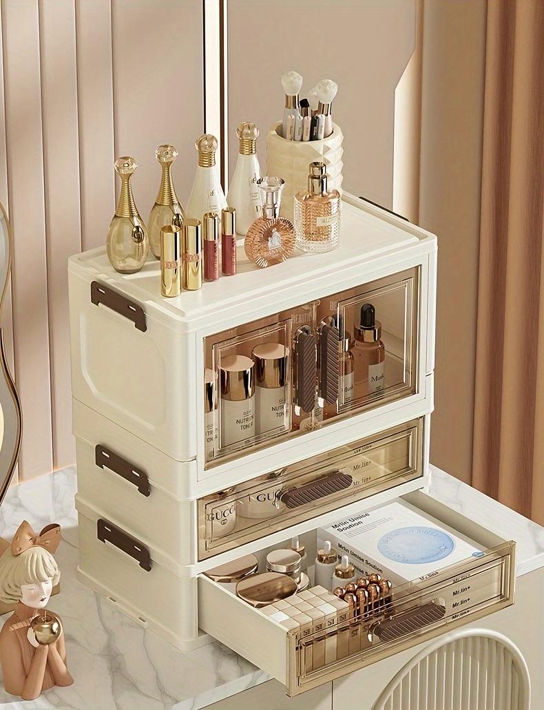 Foldable Large Makeup Storage Case with Drawers, Transparent Cosmetic Organizer Cabinet for Skincare and Makeup Products, Large Capacity